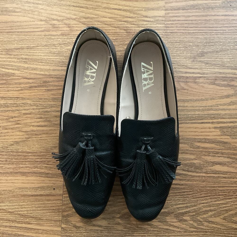 Zara Women’s Black Tassel Loafers Croc Workwear Flats Slip-on Size 40/9